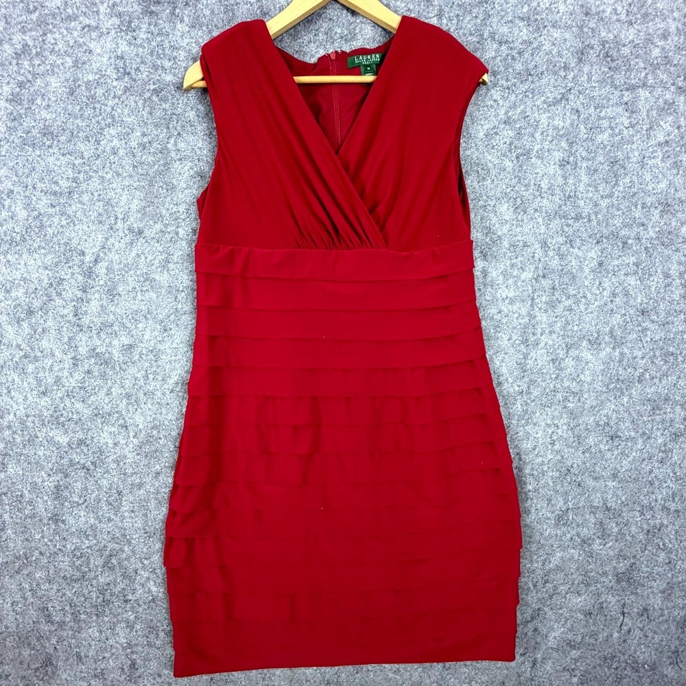 Lauren Ralph Lauren Tiered Dress Womens 14 Red Cocktail Office Siren Surplice
